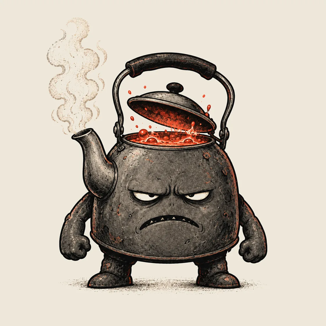 Hades Kettle: a scowling cast-iron kettle with arms and legs, its lid lifted by glowing molten contents and steam rising from the spout.